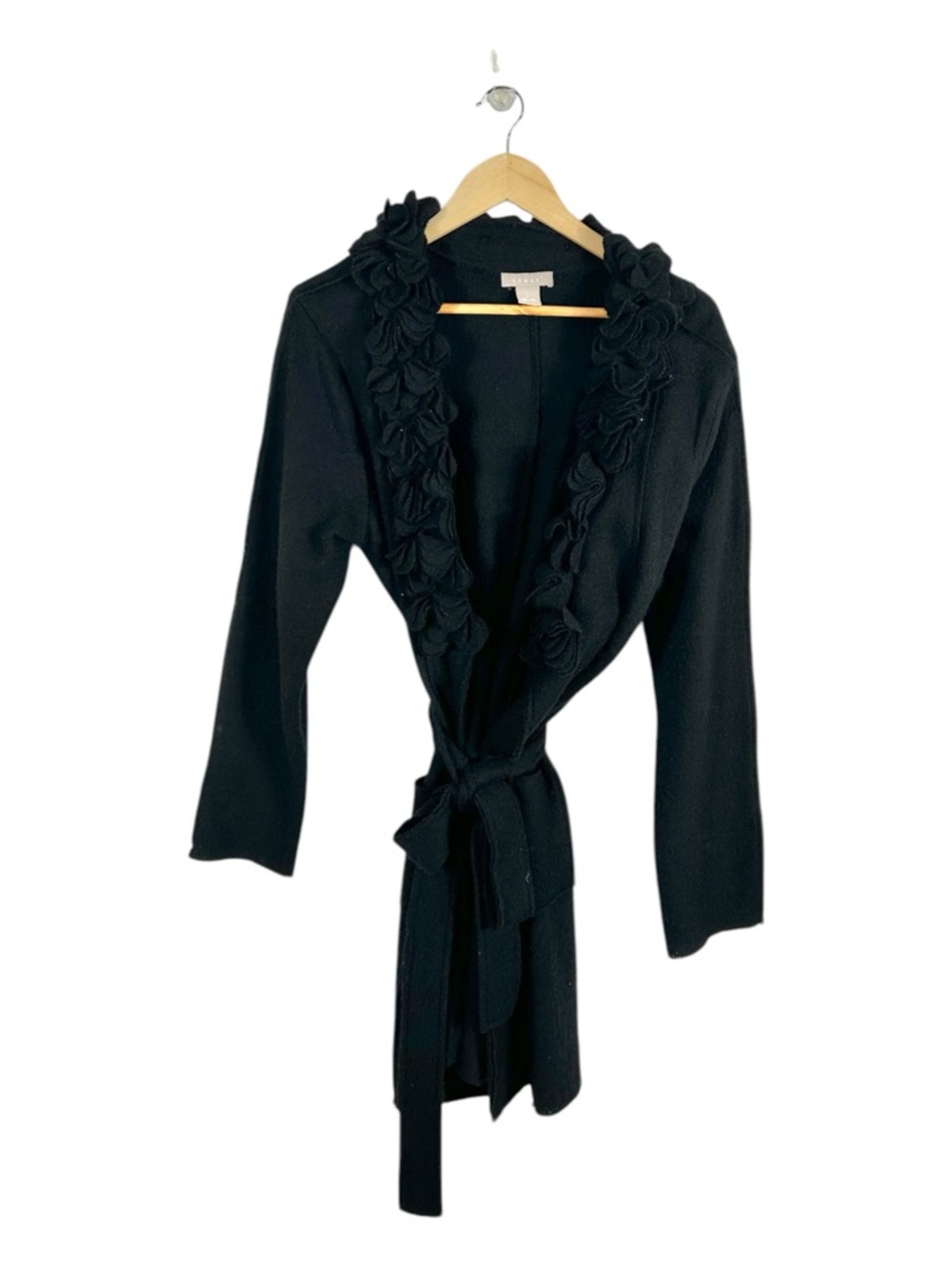 Kenar Black 100% Wool Ruffle Cardigan Coat Size Large